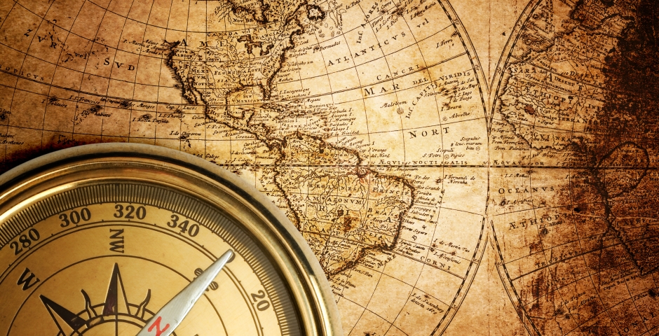 wereldkaart ontdekkingsreizen & kompas